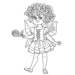 Cute girl in the costume of a summer fairy in flower wreath of hydrangea outlined isolated on a white background