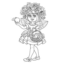 Autumn fairy girl in a wreath of viburnum and a basket of fruit in her hands outlined isolated on a white background
