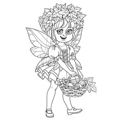 Cute girl in a fairy costume in wreath of maple leaves keeps basket with mushrooms outlined isolated on a white background