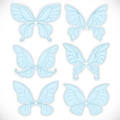 Blue fairy wings different form with dotted outlines for cutting set isolated on a white background