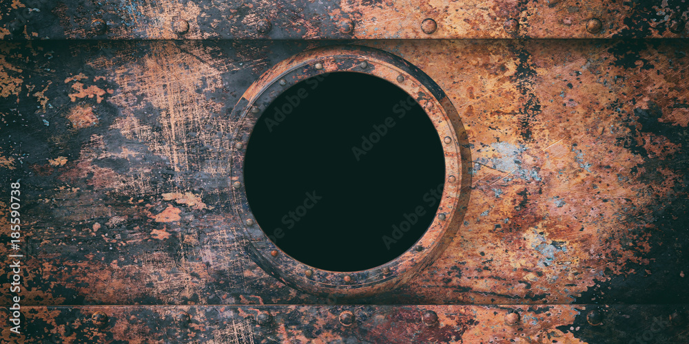 Wall mural Rusty submarine porthole metal background, 3d illustration