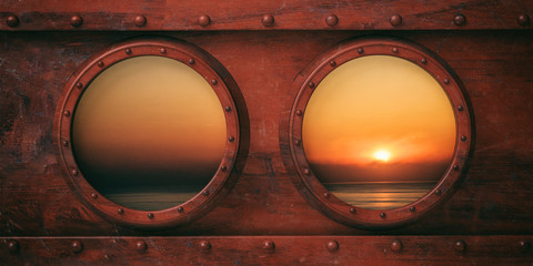 Ship portholes metal background, Calm sea at sunset out of the windows. 3d illustration