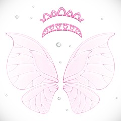 Pink magic fairy wings with two tiaras bundled isolated on a white background