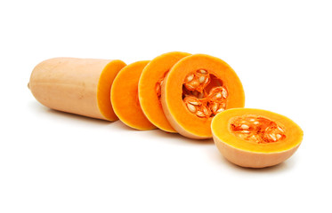 freshly cut butternut pumpkin on a white background