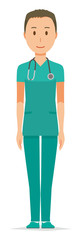 A male doctor wearing a green scrub is standing