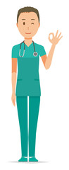 A male doctor wearing a green scrub is doing an okay sign