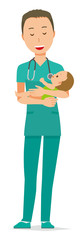 A male doctor wearing a green scrub is hugging a baby