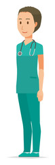 A male doctor wearing a green scrub is standing obliquely