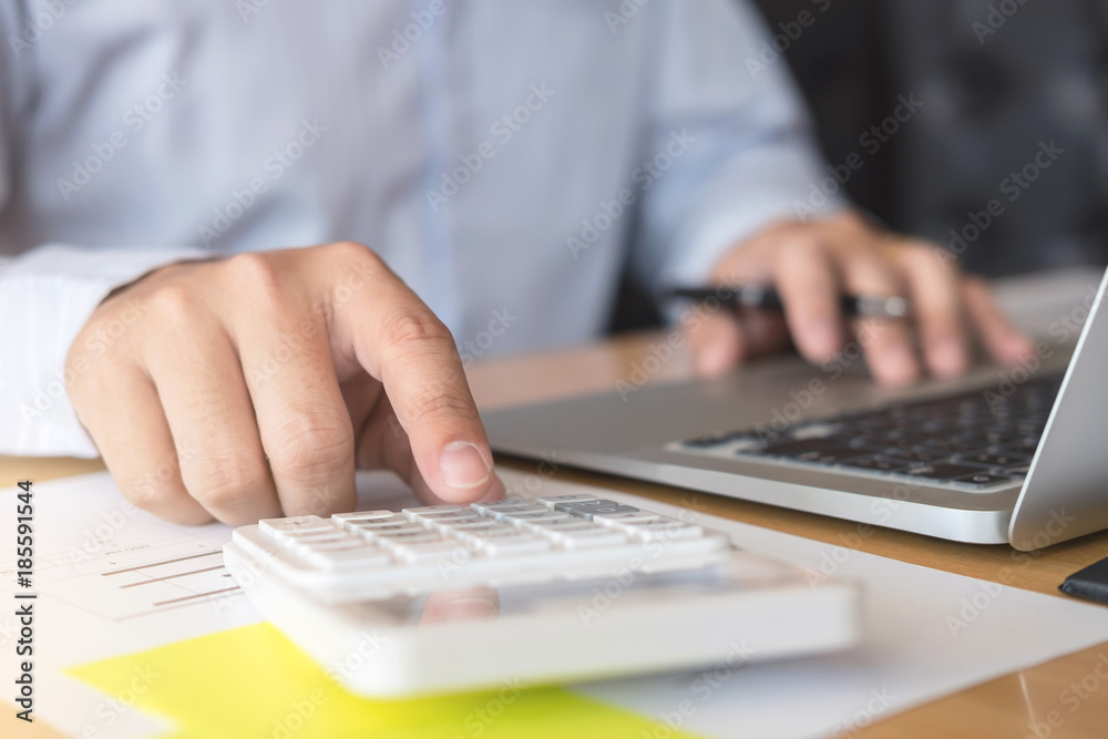 Poster business man or accountant working financial investment on calculator with calculate analyze busines