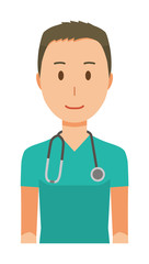A male doctor wearing a green scrub is facing the front