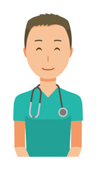 A male doctor wearing a green scrub is smiling