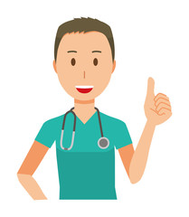 A male doctor wearing a green scrub is doing a good sign