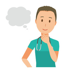 a male doctor wearing a green scrub is imagining