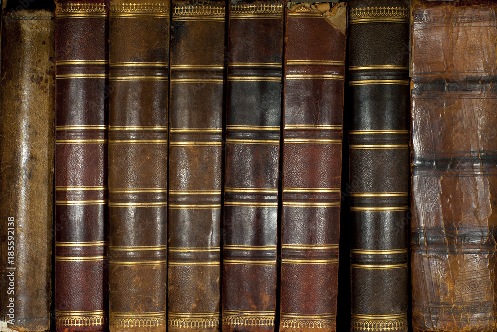 Wall mural background: a row of worn leather antiquarian book spines with gold embossing