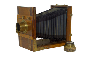 19th century folding photo camera, with bellows for focusing, isolated