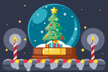 Christmas tree gift box glass ball flat design vector illustration