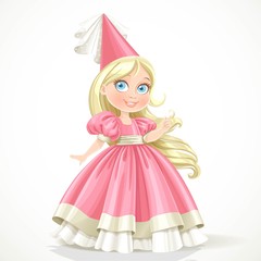 Little princess in a pink dress with long blond hair isolated on