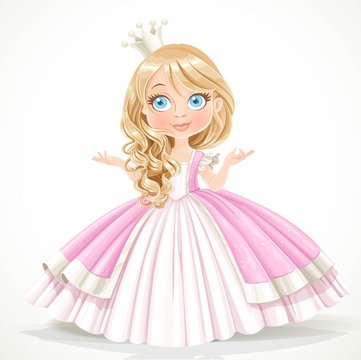 Little princess in crown wearing in magnificent dress isolated o