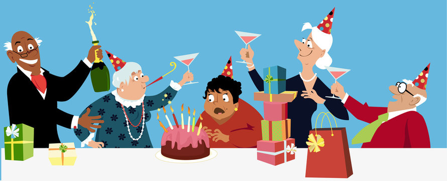 Diverse group of happy active seniors celebrates a birthday with a cake, EPS 8 vector illustration