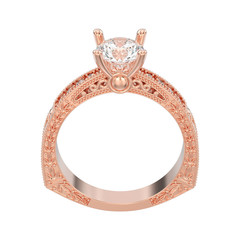 3D illustration isolated rose gold decorative diamond ring with ornament and hearts