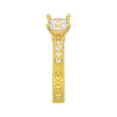 3D illustration isolated yellow gold decorative diamond ring with ornament and hearts