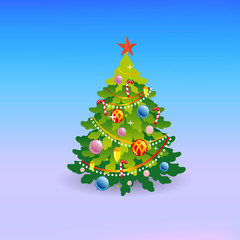 Lush Christmas tree, with toys and a star, cartoon on a winter background,