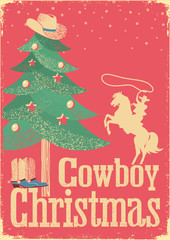 Naklejka premium Cowboy Christmas card with tree and winter holiday decoration