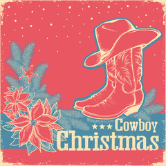 Cowboy Christmas retro card with american western shoe and cowboy hat