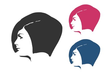 Face profile view. Elegant silhouette of a female head. Short hair. Monochrome gamma. Various emotion set