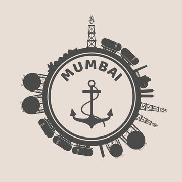 Circle with cargo theme relative silhouettes. Design set of natural gas logistic. Objects located around circle with anchor in the center of them. Mumbai port name