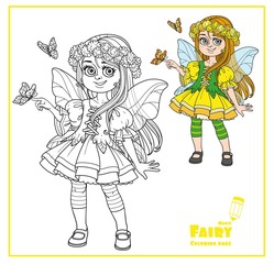 Cute girl in the costume of spring fairy holds a butterfly on her finger color and outlined isolated on white background