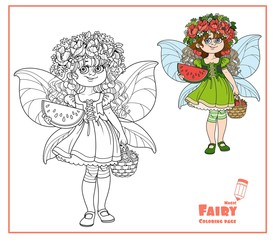 Cute girl in the costume of summer fairy in flower wreath with watermelon and strawberry color and outlined isolated on a white background
