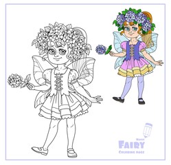 Cute girl in the costume of a summer fairy in flower wreath of hydrangea color and outlined isolated on a white background