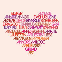 Love typography. Avant-garde typography. Word cloud in heart shape. Love in multiple different languages.