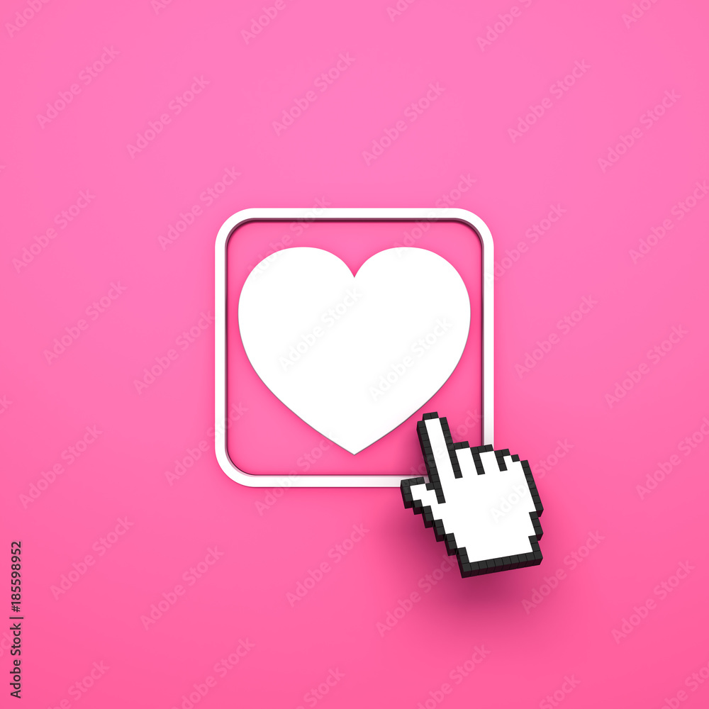 Aufkleber Love button with computer hand cursor isolated on pink background. 3D rendering.