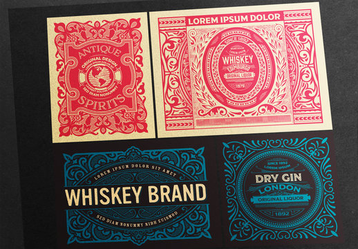 4 Vintage Labels in Red and Blue