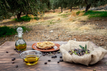 Bowl and bottle with extra virgin olive oil, olives, a fresh branch of olive tree and cretan rusk dakos on wooden table, in an olive tree field at Crete, Greece.