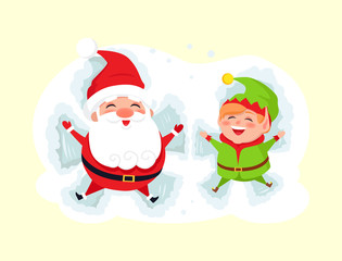 Santa and Elf Cartoon Character Having Fun in Snow