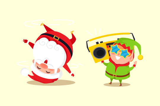 Santa Claus, Elf Tape Recorder Vector Illustration
