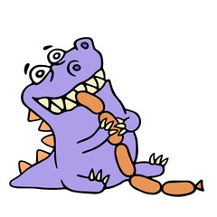 Dinosaur eats sausages. More food. Vector illustration.