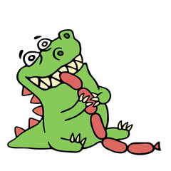 Dragon eats sausages. Isolated vector illustration.