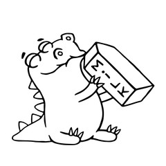 Cartoon dinosaur is drinking milk. Isolated vector illustration.