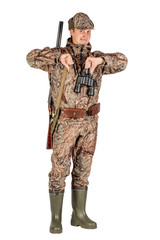 male hunter with double barreled shotgun Isolated on white background. hunting and people concept.