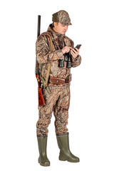 male hunter with double barreled shotgun Isolated on white background. hunting and people concept.