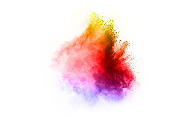 abstract multicolored powder splatted on white background,Freeze motion of color powder exploding.