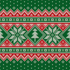 Traditional Winter Holiday Seamless Knit Pattern with Christmas Trees and Snowflakes. Scheme for Knitted Sweater Pattern Design or Cross Stitch Embroidery