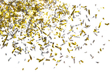 Photo of golden confetti on a white background.