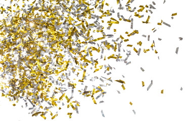 Photo of golden confetti on a white background.