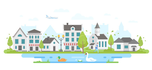 Fototapeta na wymiar Cityscape with a pond - modern flat design style vector illustration