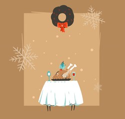 Hand drawn vector abstract Merry Christmas and Happy New Year time retro vintage cartoon illustrations greeting card with xmas dinner table,turkey and copy space isolated on brown background